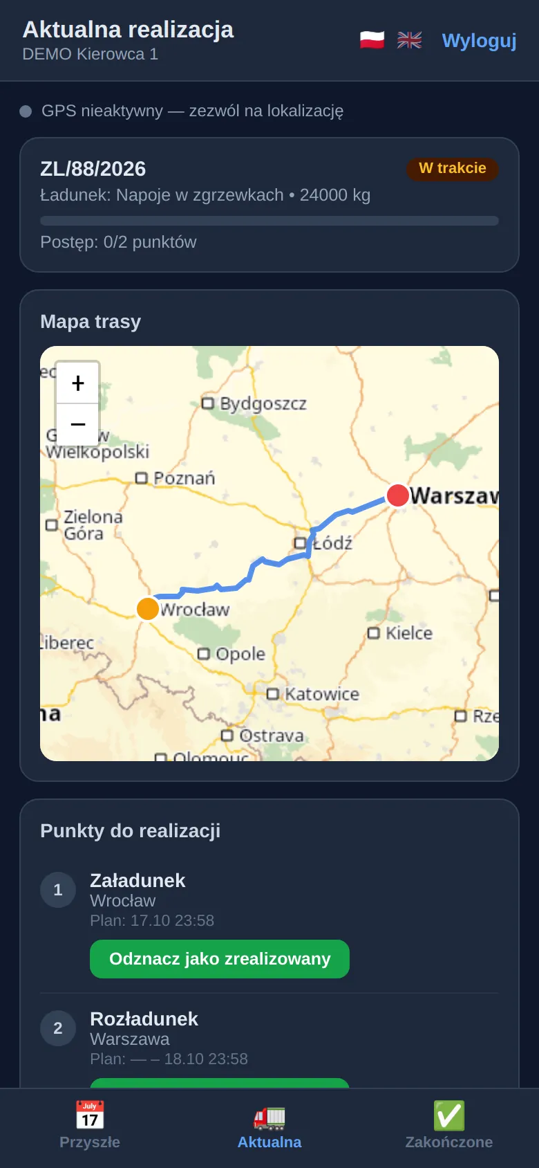 Aplikacja kierowcy z aktualną realizacją