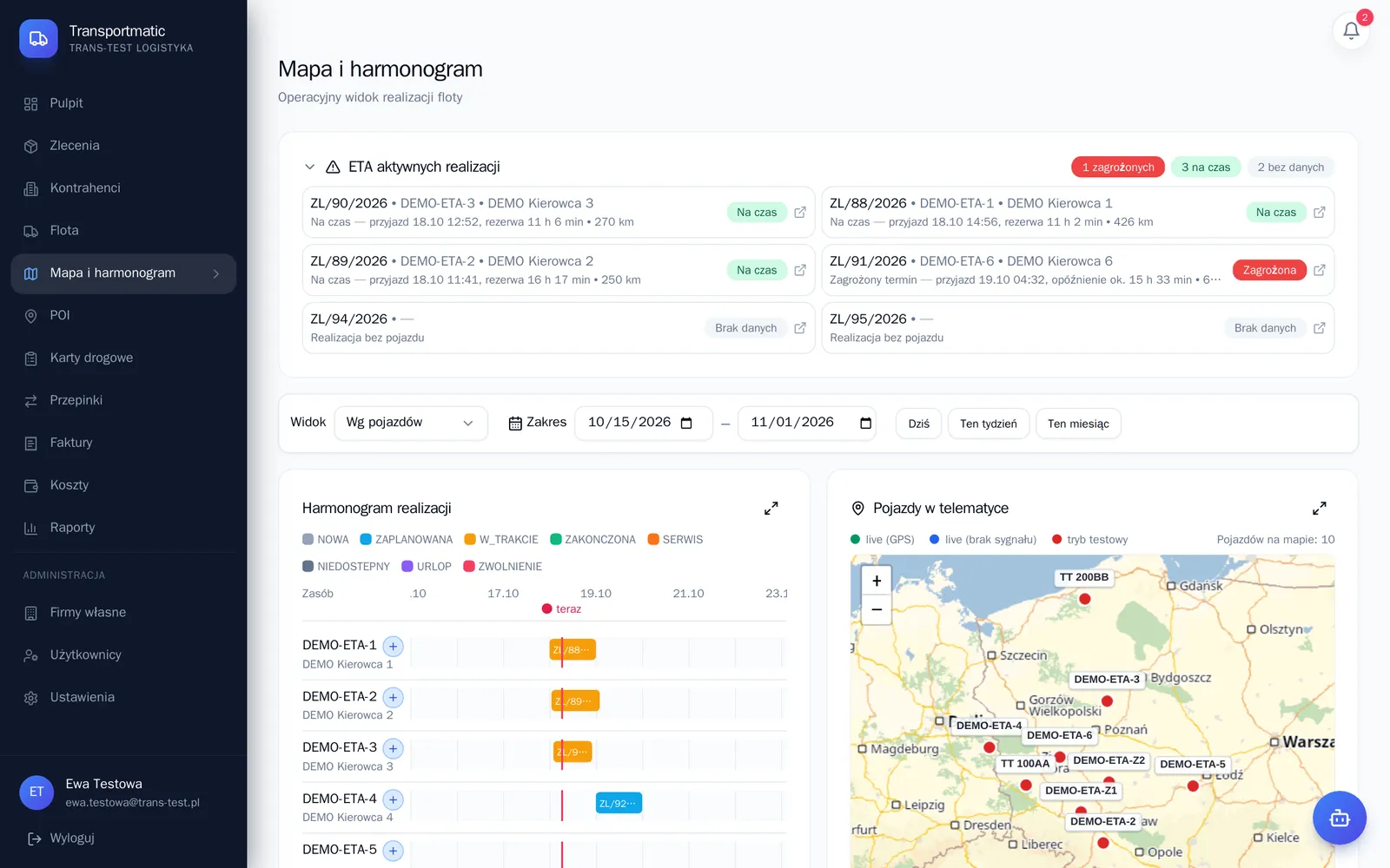 Mapa i harmonogram floty z panelem ETA w systemie TMS Transportmatic