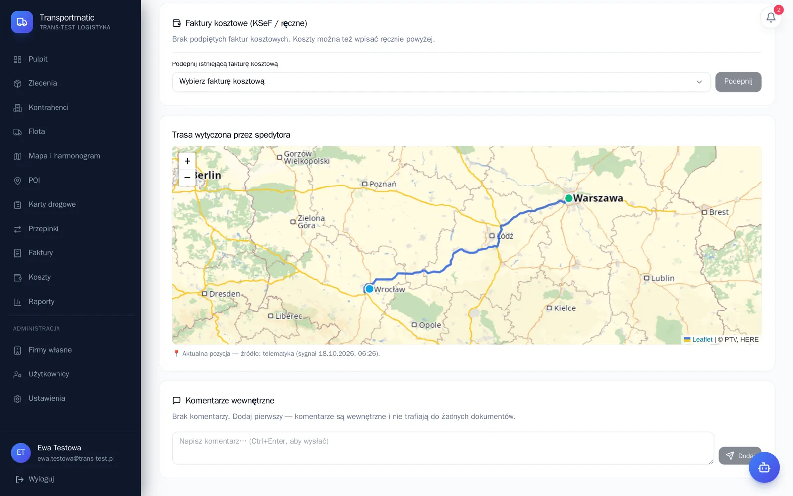 Faktury kosztowe, mapa trasy i komentarze na karcie realizacji