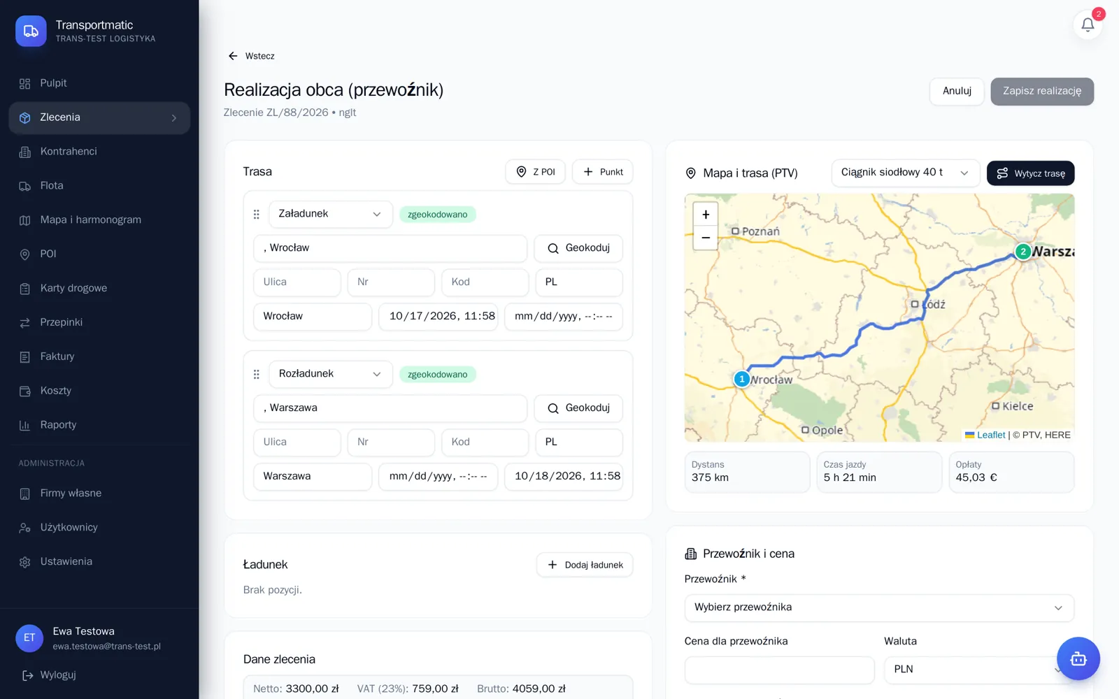Formularz realizacji obcej z trasą i wyborem przewoźnika