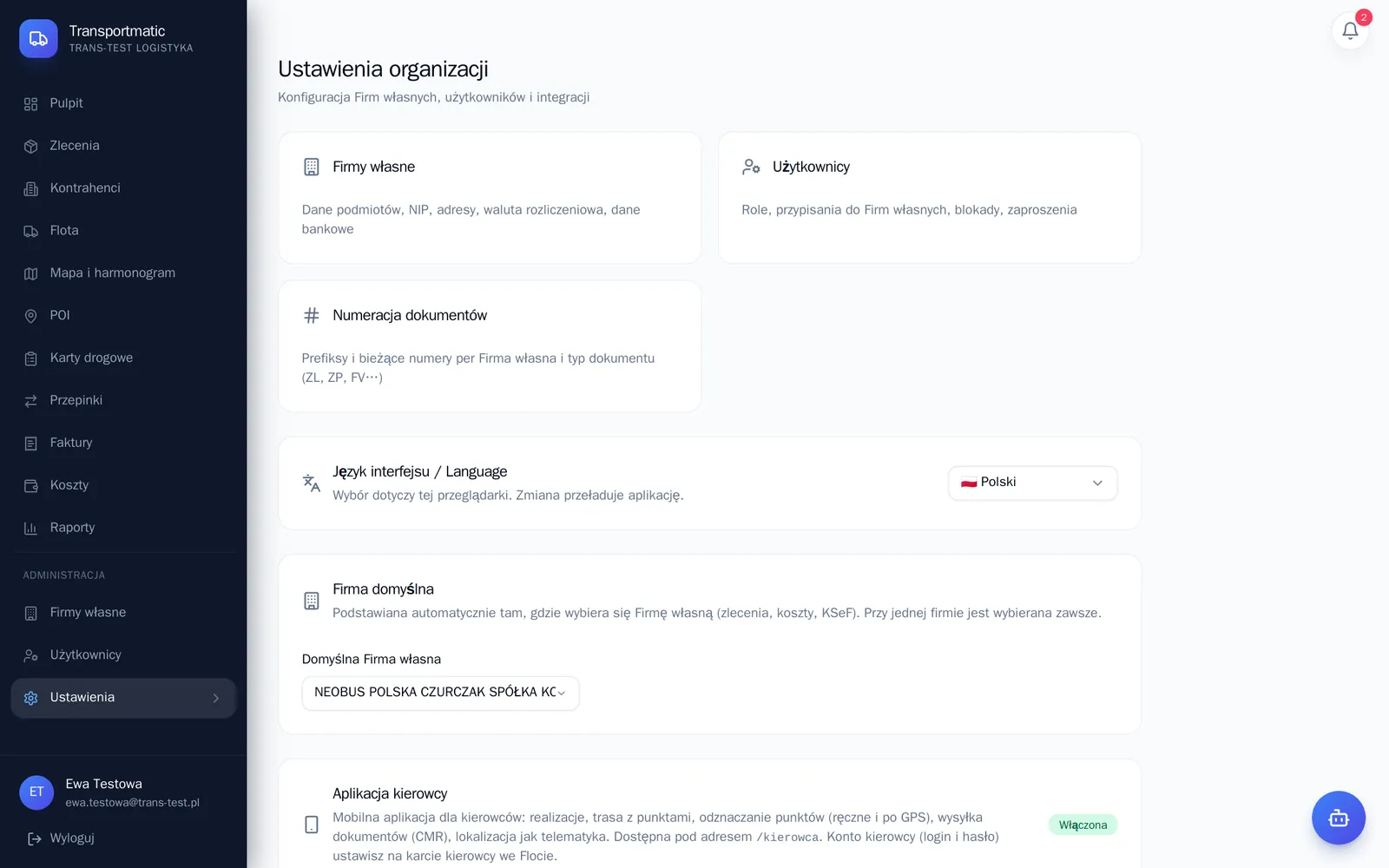 Ustawienia organizacji z integracjami i modułami